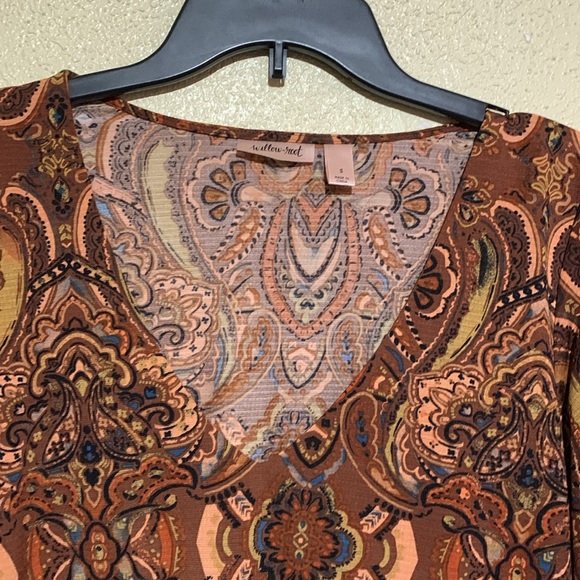 Willow Root Top Blouse S Stretchy Long Sleeve V-Neck Paisley Floral Polyester - Picture 2 of 16